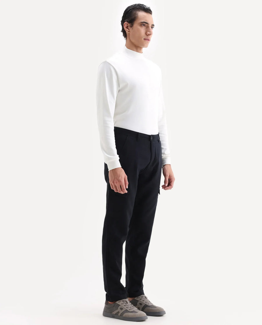 Rare Rabbit Men's Presso 25 Black Cotton Plain Relaxed Fit Trouser