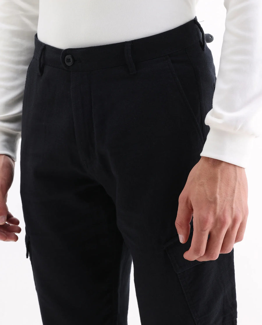 Rare Rabbit Men's Presso 25 Black Cotton Plain Relaxed Fit Trouser
