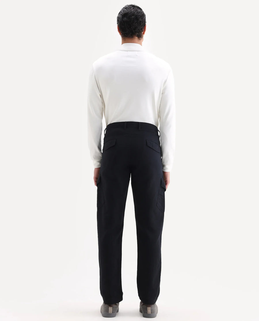 Rare Rabbit Men's Presso 25 Black Cotton Plain Relaxed Fit Trouser