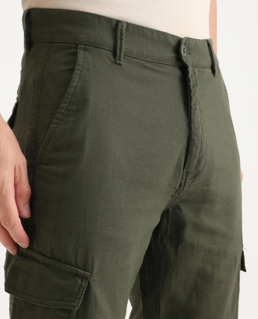Rare Rabbit Men's Presso-Aw25 Olive Cotton Plain Regular Fit Trouser