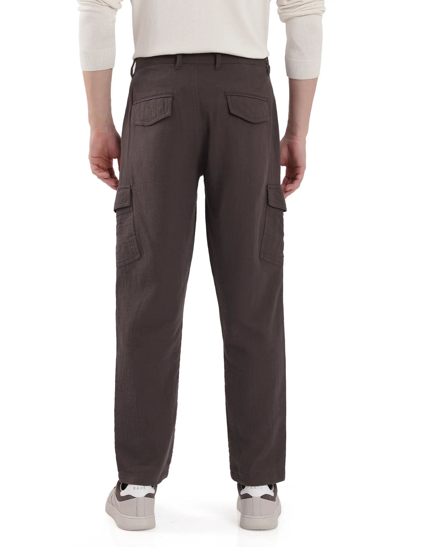 Rare Rabbit Men's Presso Dusky Brown Cotton Plain Relaxed Fit Trouser