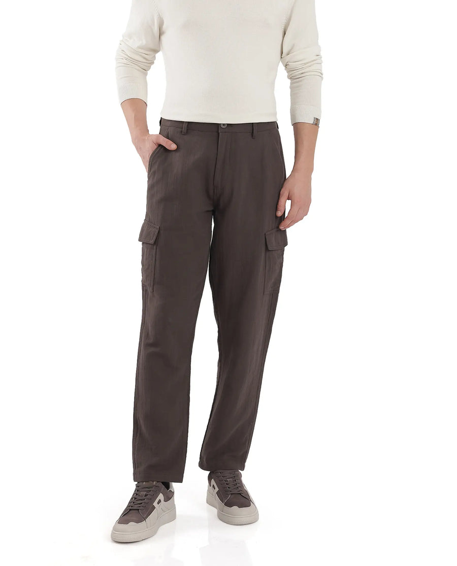 Rare Rabbit Men's Presso Dusky Brown Cotton Plain Relaxed Fit Trouser