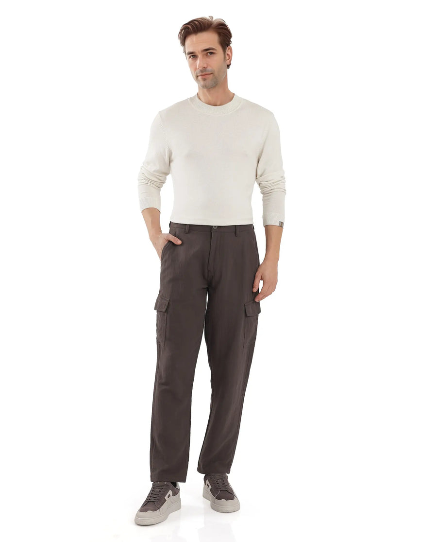 Rare Rabbit Men's Presso Dusky Brown Cotton Plain Relaxed Fit Trouser