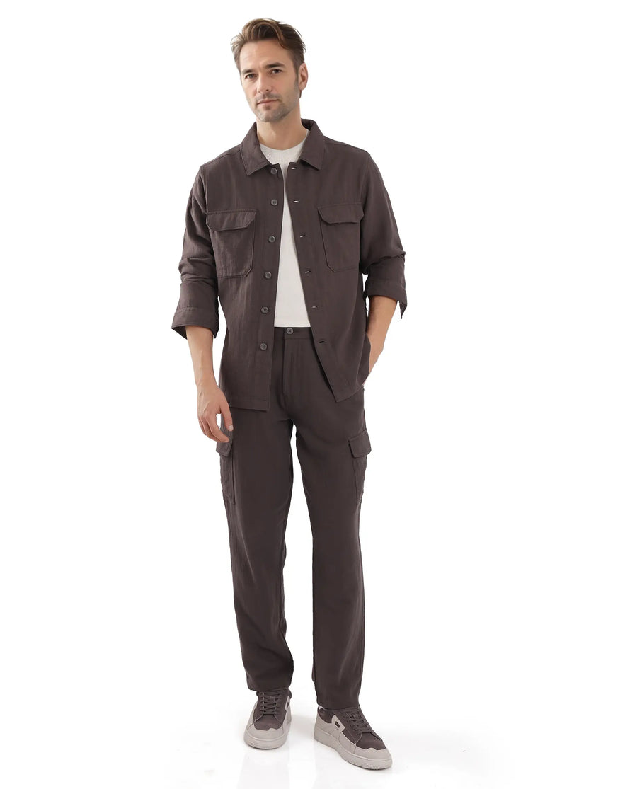 Rare Rabbit Men's Presso Dusky Brown Cotton Plain Relaxed Fit Trouser