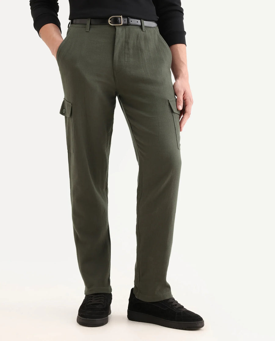 Rare Rabbit Men's Presso Dusky Green Cotton Plain Relaxed Fit Trouser