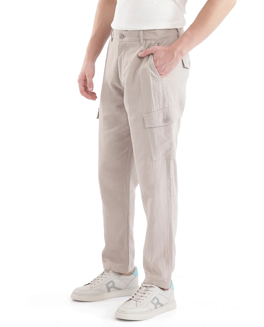 Rare Rabbit Men's Presso Light Beige Cotton Plain Relaxed Fit Trouser