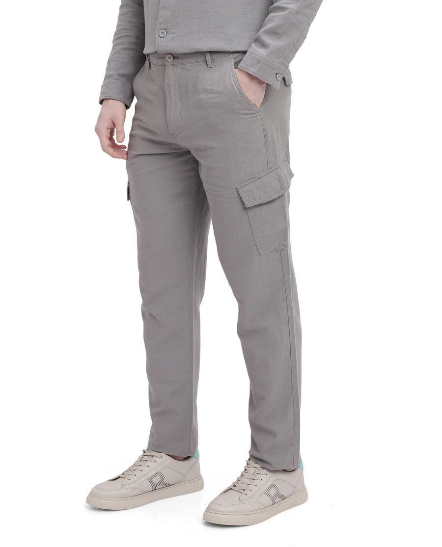 Rare Rabbit Men's Presso Light Grey Cotton Plain Relaxed Fit Trouser