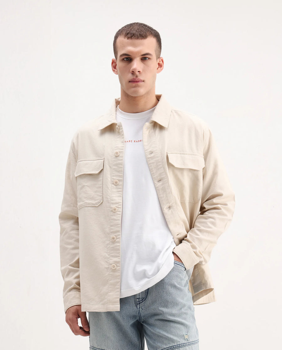 Rare Rabbit Men's Prest-26 Off White Cotton Plain Regular Fit Full Sleeve Collared Shaket