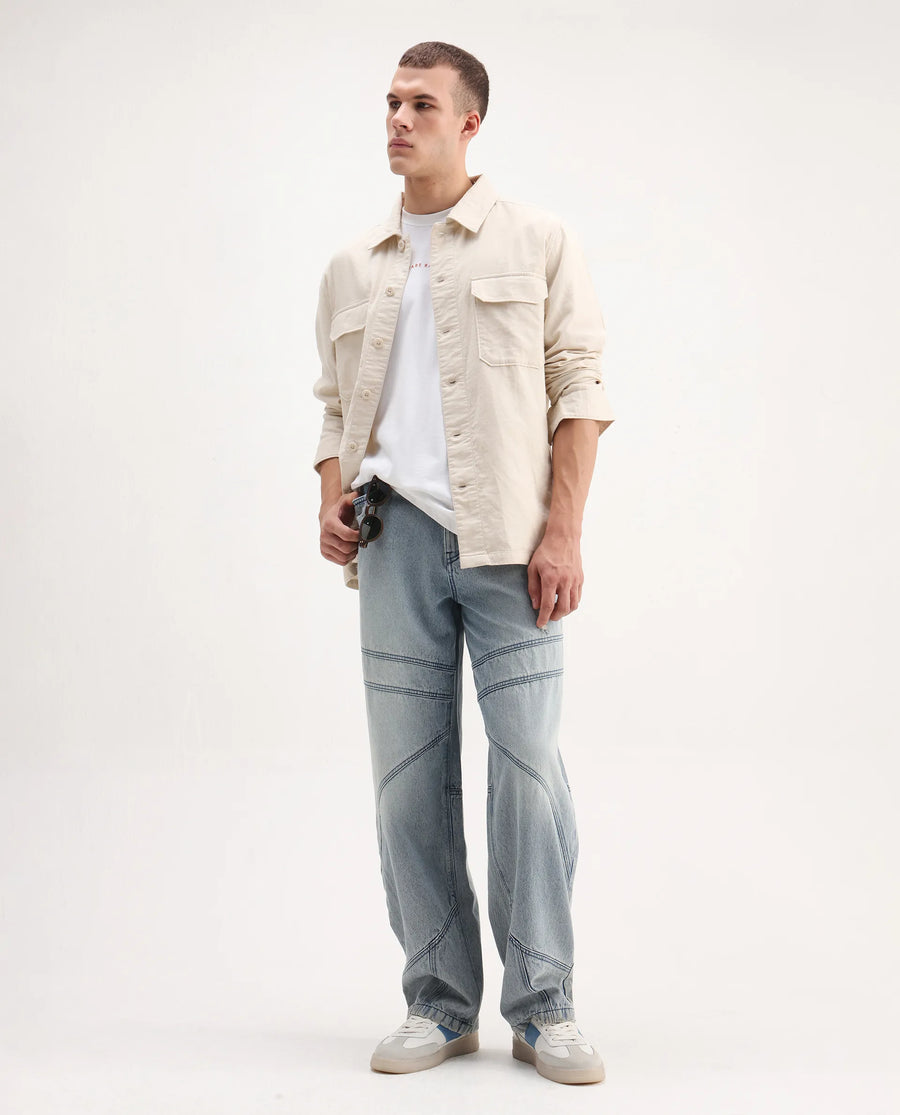 Rare Rabbit Men's Prest-26 Off White Cotton Plain Regular Fit Full Sleeve Collared Shaket