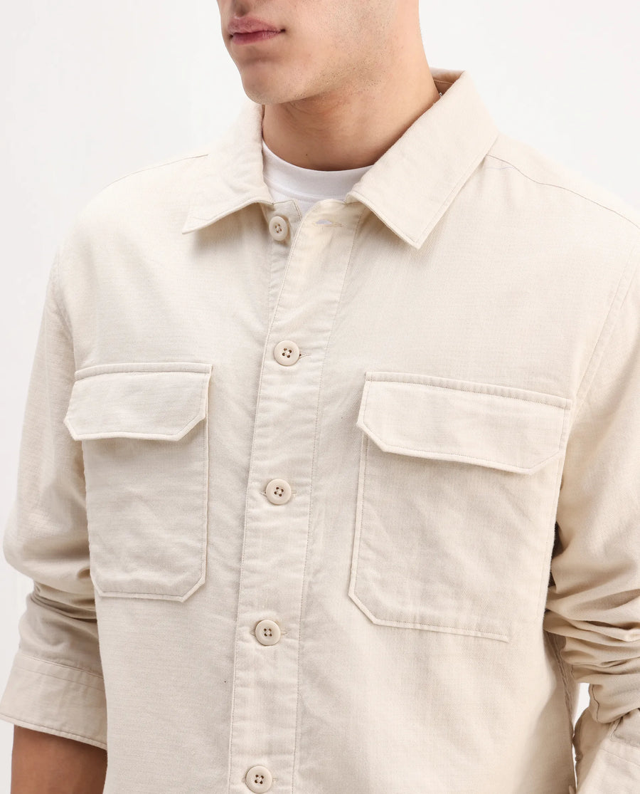 Rare Rabbit Men's Prest-26 Off White Cotton Plain Regular Fit Full Sleeve Collared Shaket
