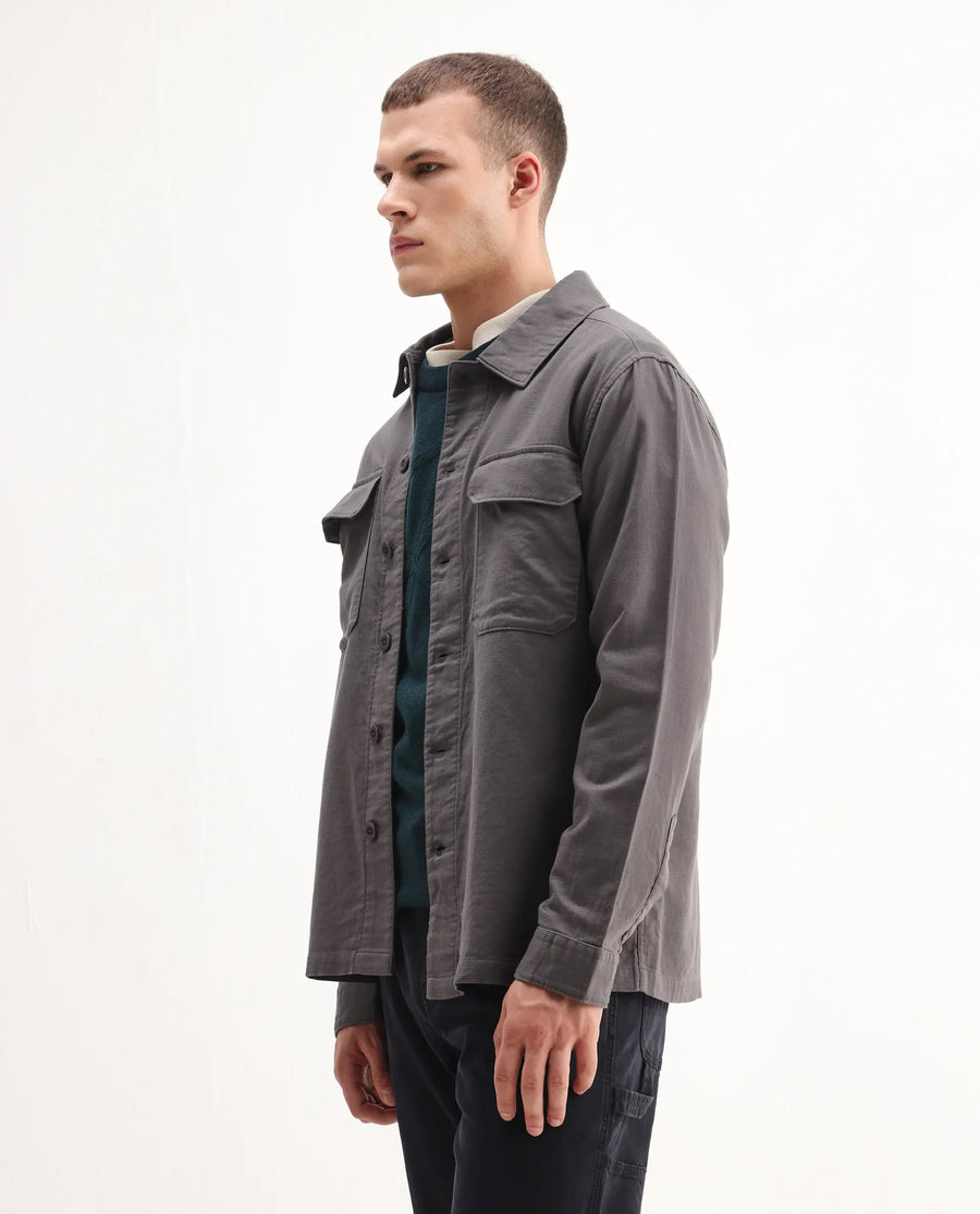 Rare Rabbit Men's Prest-26 Grey Cotton Plain Regular Fit Full Sleeve Collared Shaket