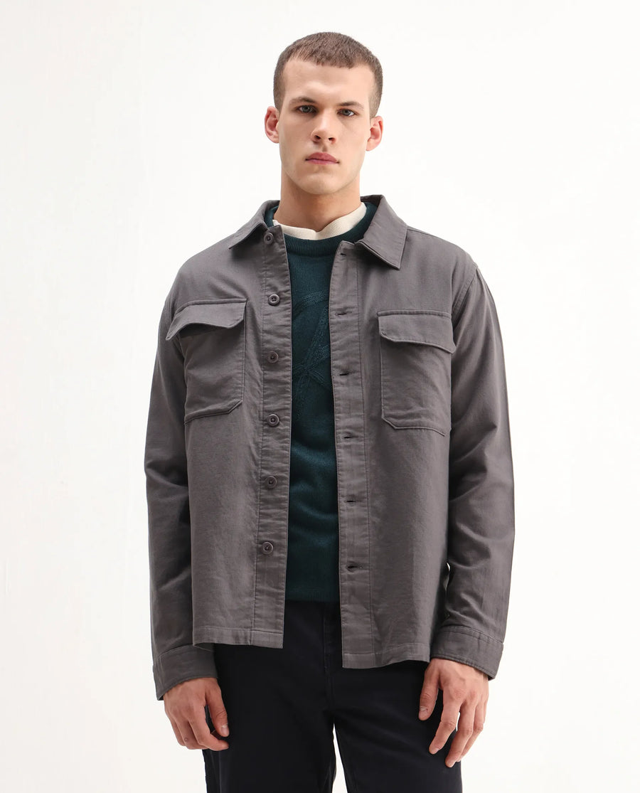Rare Rabbit Men's Prest-26 Grey Cotton Plain Regular Fit Full Sleeve Collared Shaket