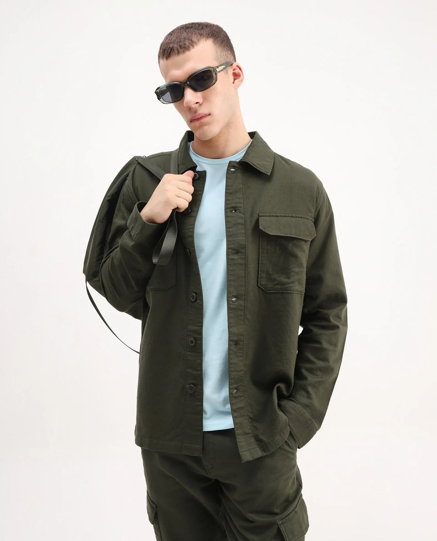 Rare Rabbit Men's Prest-26 Olive Cotton Plain Regular Fit Full Sleeve Collared Shaket