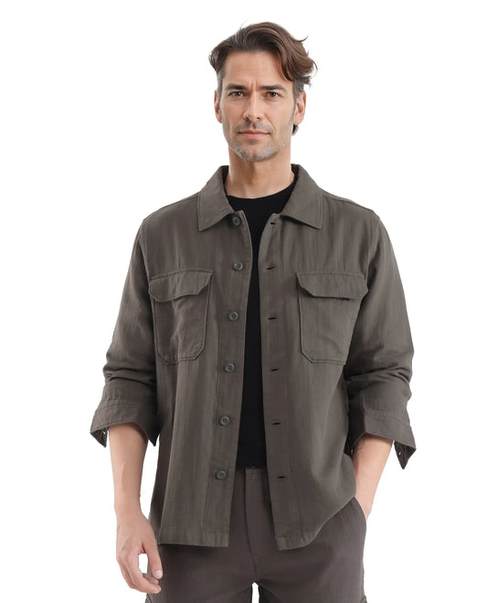 Rare Rabbit Men's Prest Dusky Green Cotton Plain Regular Fit Full Sleeve Collared Shirt