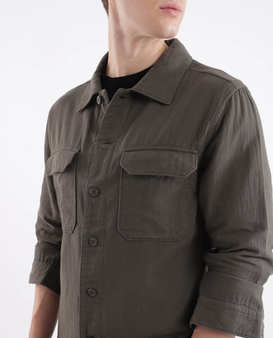 Rare Rabbit Men's Prest Dusky Green Cotton Plain Regular Fit Full Sleeve Collared Shirt