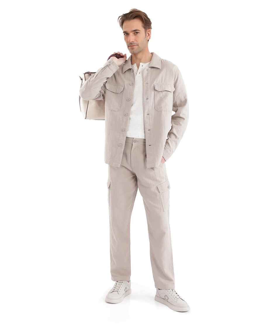 Rare Rabbit Men's Prest Light Beige Cotton Plain Regular Fit Full Sleeve Collared Shirt