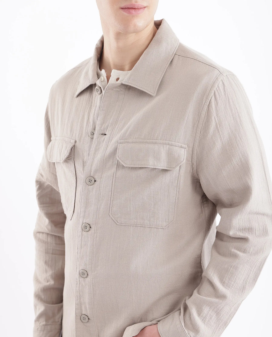 Rare Rabbit Men's Prest Light Beige Cotton Plain Regular Fit Full Sleeve Collared Shirt