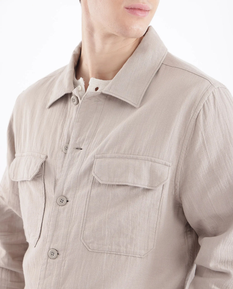 Rare Rabbit Men's Prest Light Beige Cotton Plain Regular Fit Full Sleeve Collared Shirt