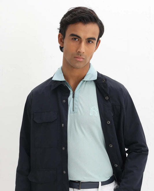 Rare Rabbit Men's Presto Light Blue Cotton Embroidered Regular Fit Half Sleeve Polo