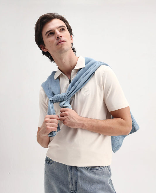 Rare Rabbit Men's Presto Off White Cotton Plain Regular Fit Half Sleeve Polo