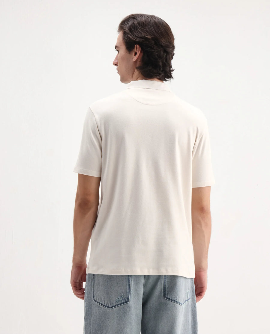 Rare Rabbit Men's Presto Off White Cotton Plain Regular Fit Half Sleeve Polo