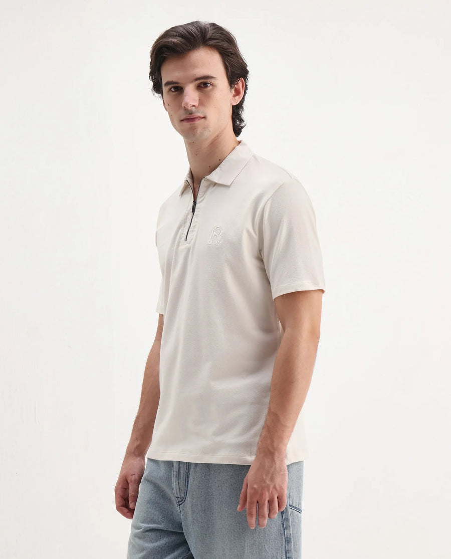 Rare Rabbit Men's Presto Off White Cotton Plain Regular Fit Half Sleeve Polo