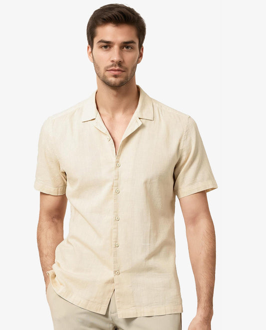 Rare Rabbit Men's Presto Beige Cotton Plain Regular Fit Half Sleeve Cuban Collar Shirt
