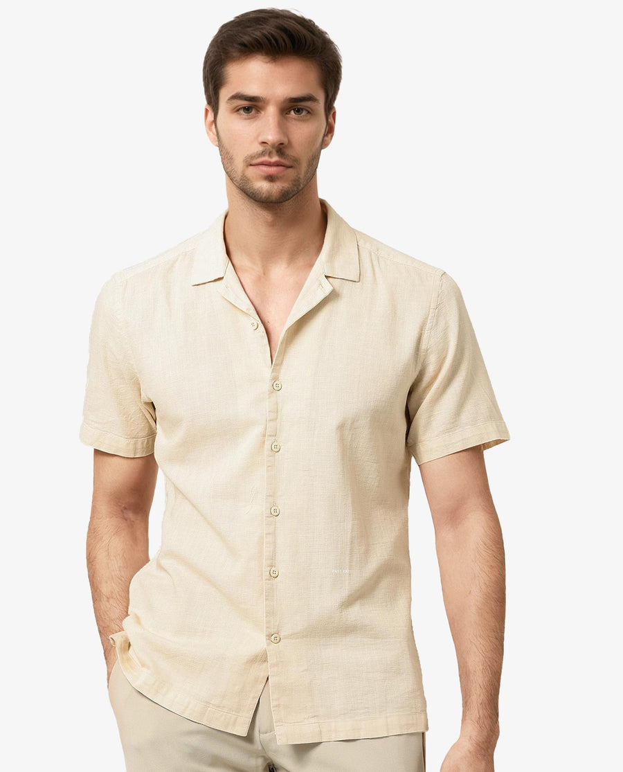 Rare Rabbit Men's Presto Beige Cotton Plain Regular Fit Half Sleeve Cuban Collar Shirt