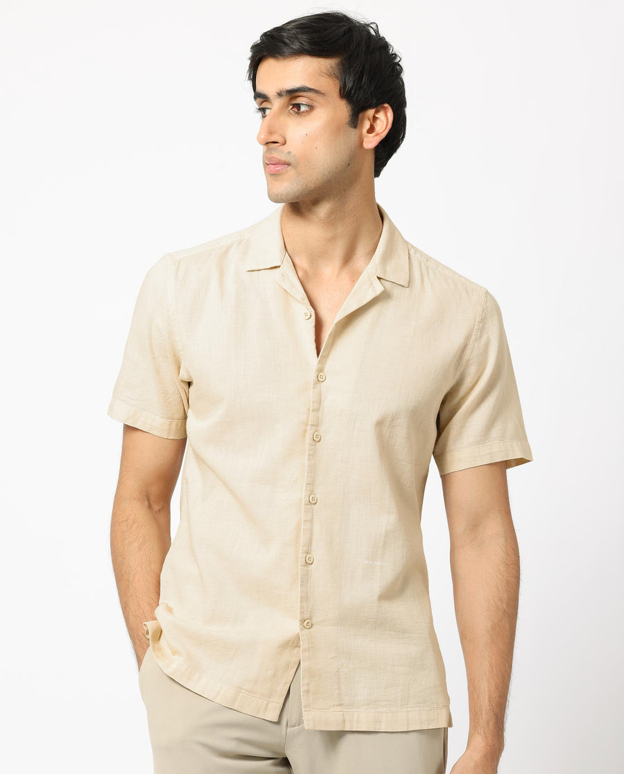 Rare Rabbit Men's Presto Beige Cotton Plain Regular Fit Half Sleeve Cuban Collar Shirt