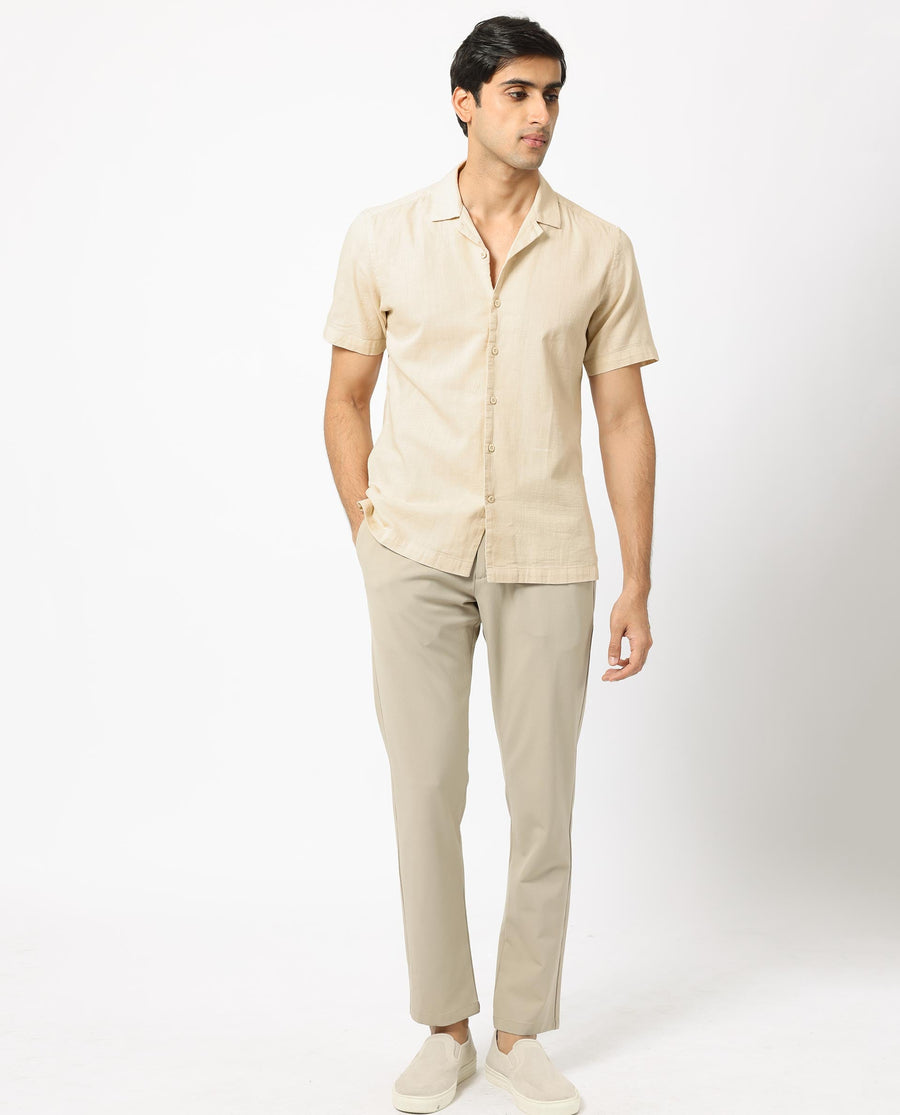 Rare Rabbit Men's Presto Beige Cotton Plain Regular Fit Half Sleeve Cuban Collar Shirt