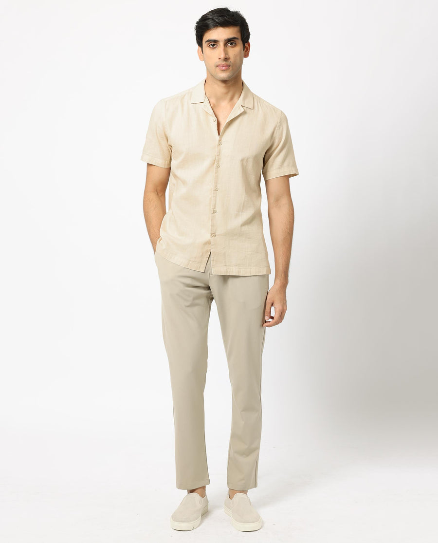Rare Rabbit Men's Presto Beige Cotton Plain Regular Fit Half Sleeve Cuban Collar Shirt