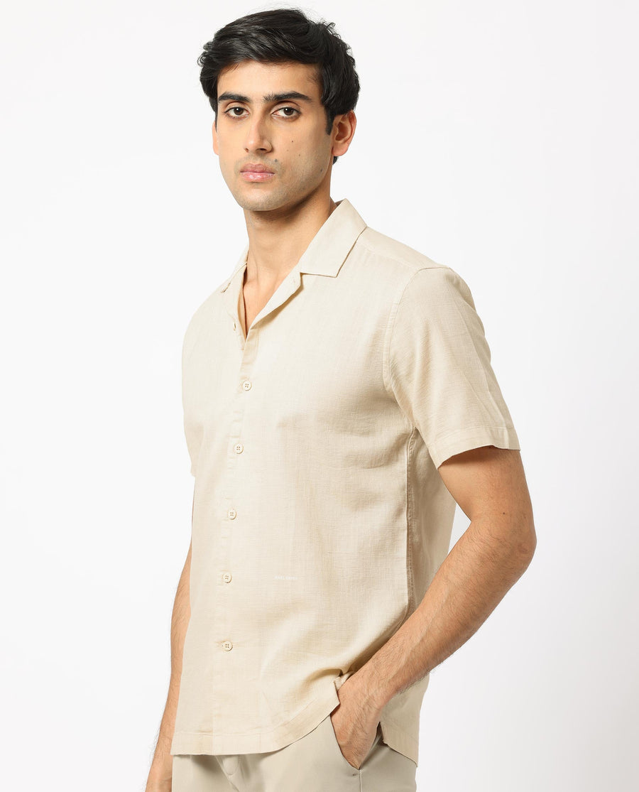 Rare Rabbit Men's Presto Beige Cotton Plain Regular Fit Half Sleeve Cuban Collar Shirt