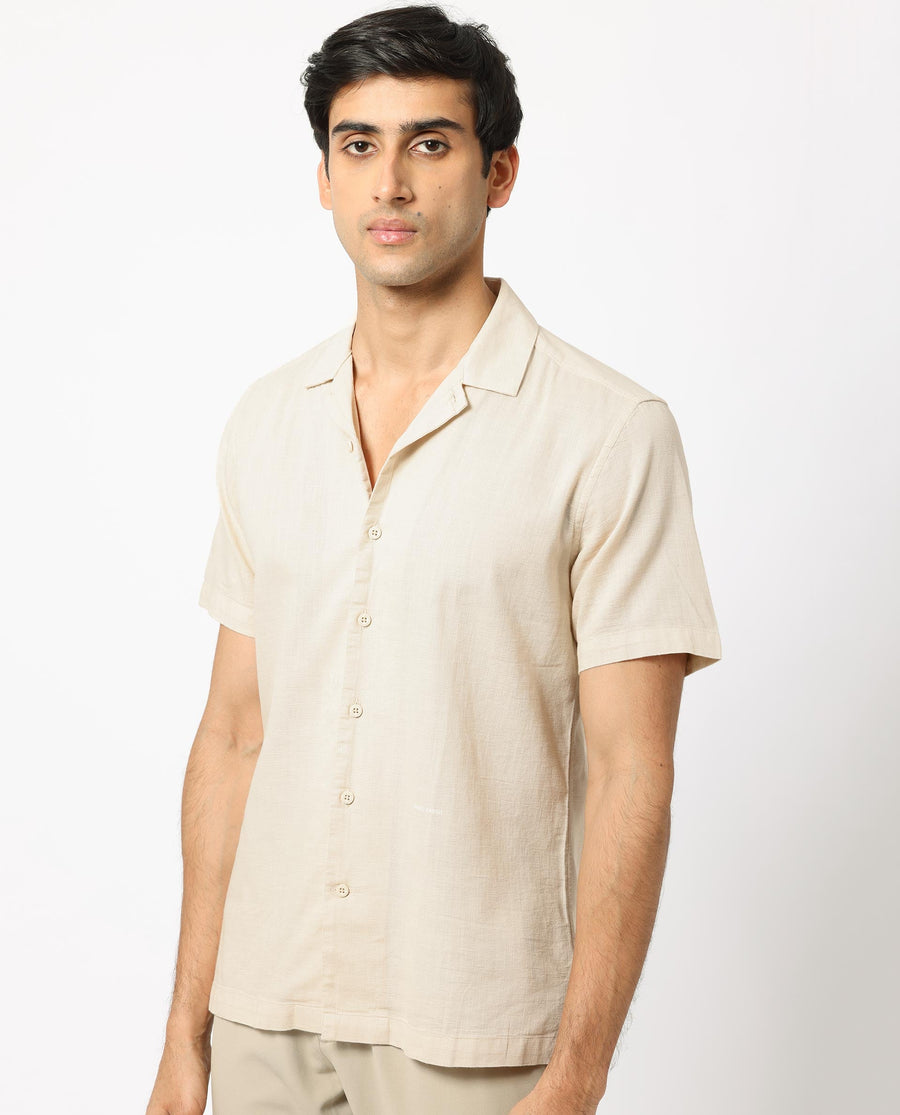 Rare Rabbit Men's Presto Beige Cotton Plain Regular Fit Half Sleeve Cuban Collar Shirt