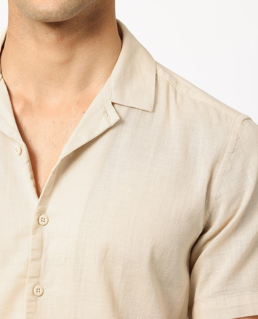 Rare Rabbit Men's Presto Beige Cotton Plain Regular Fit Half Sleeve Cuban Collar Shirt