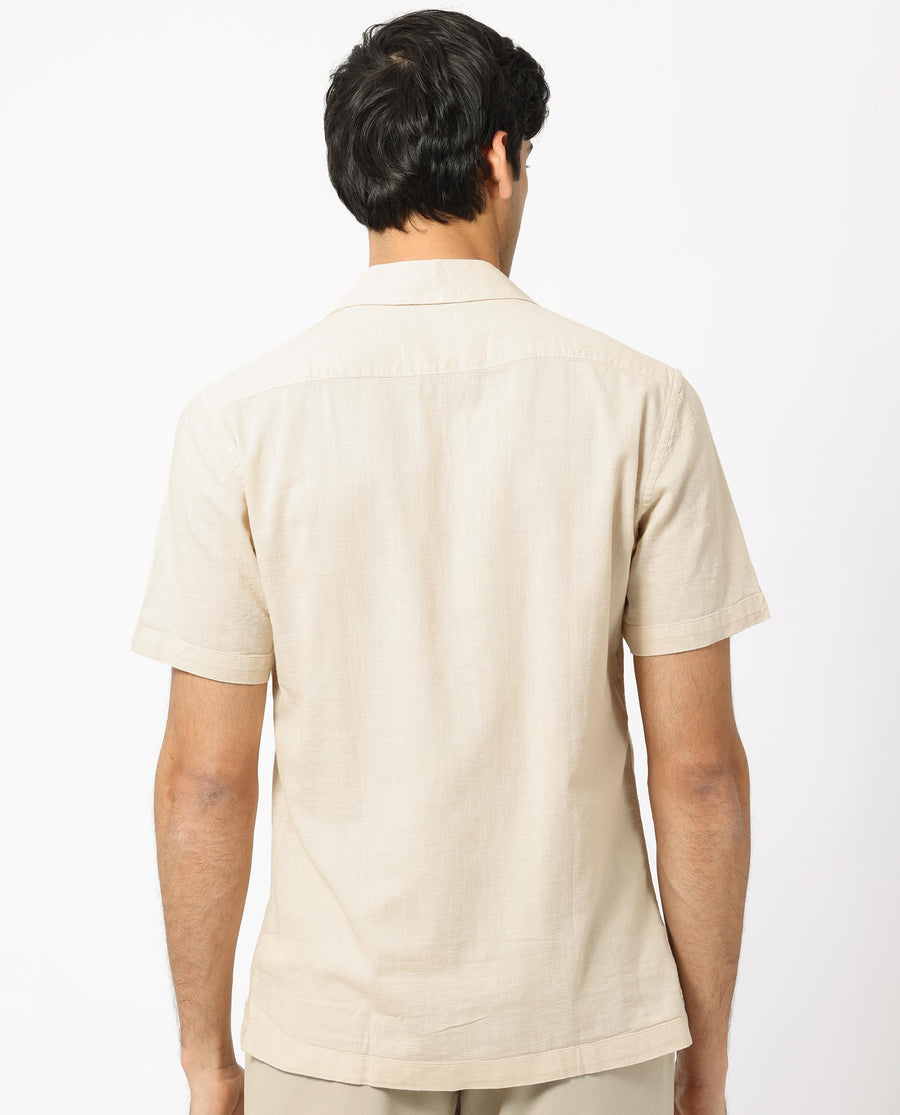 Rare Rabbit Men's Presto Beige Cotton Plain Regular Fit Half Sleeve Cuban Collar Shirt