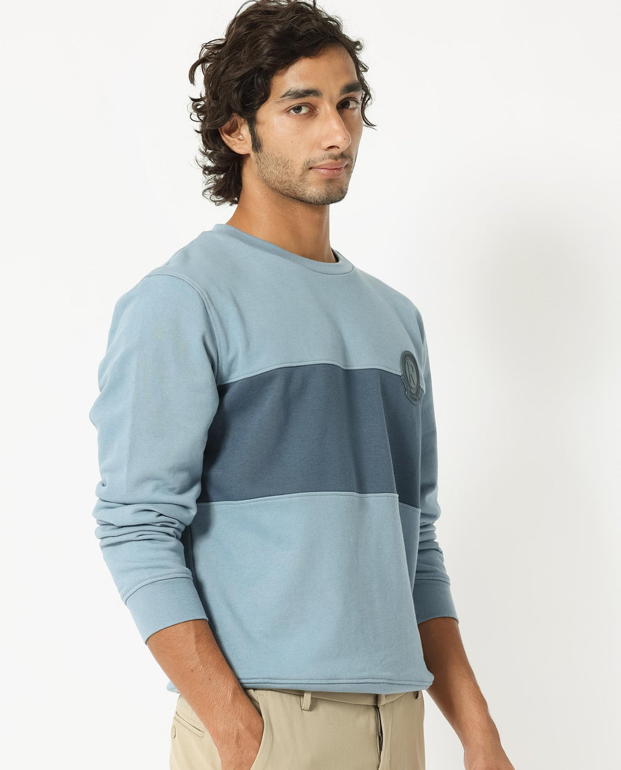 Rare Rabbit Men's Privett Blue Cotton Ombre Relaxed Fit Full Sleeve Crew Neck Sweatshirt
