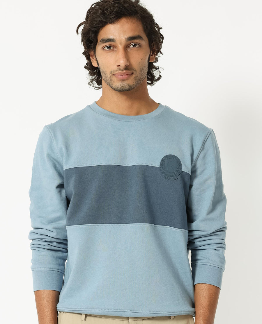 Rare Rabbit Men's Privett Blue Cotton Ombre Relaxed Fit Full Sleeve Crew Neck Sweatshirt