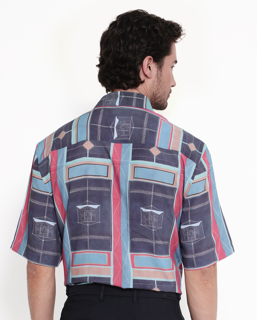 Rare Rabbit Men's Pristom Dark Blue Viscose Geometric Print Boxy Fit Half Sleeve Collared Shirt
