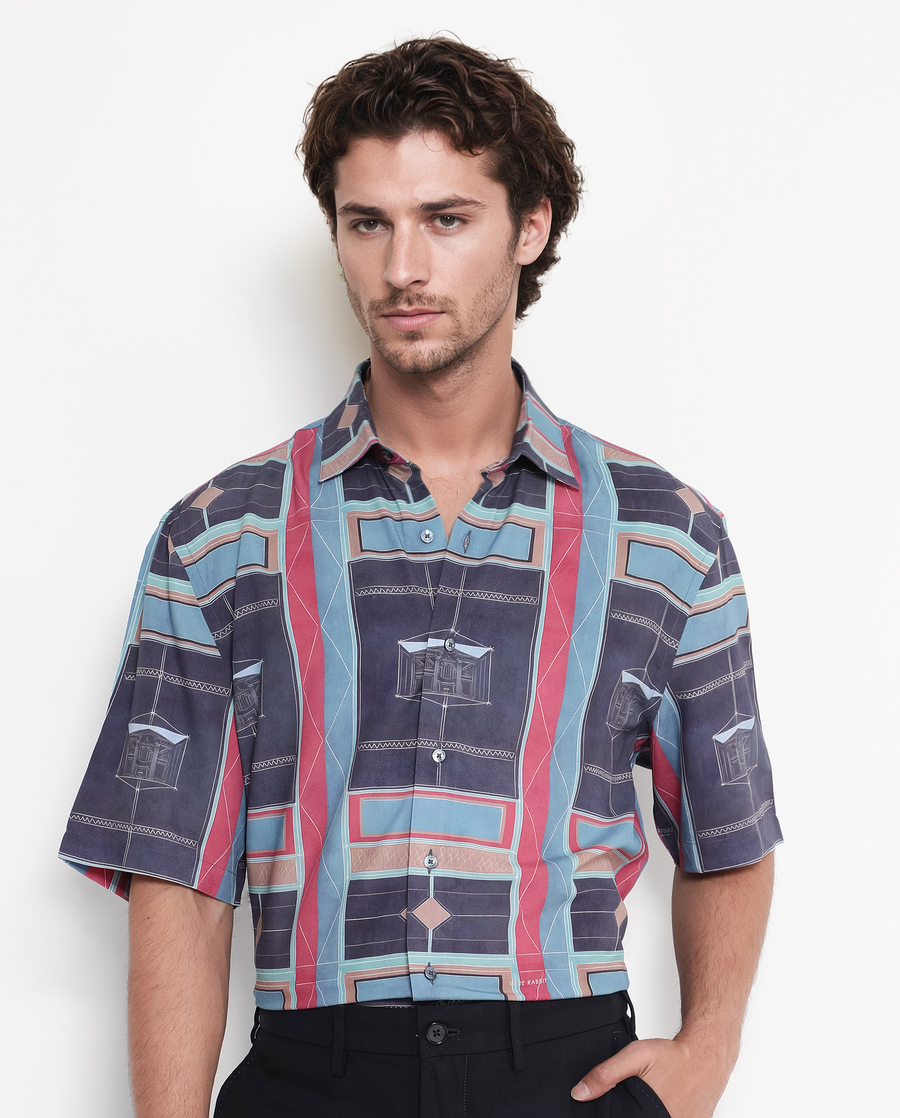 Rare Rabbit Men's Pristom Dark Blue Viscose Geometric Print Boxy Fit Half Sleeve Collared Shirt