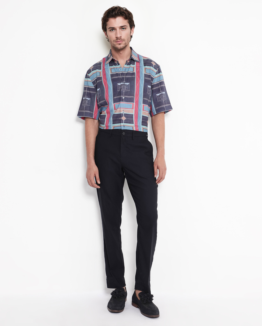 Rare Rabbit Men's Pristom Dark Blue Viscose Geometric Print Boxy Fit Half Sleeve Collared Shirt
