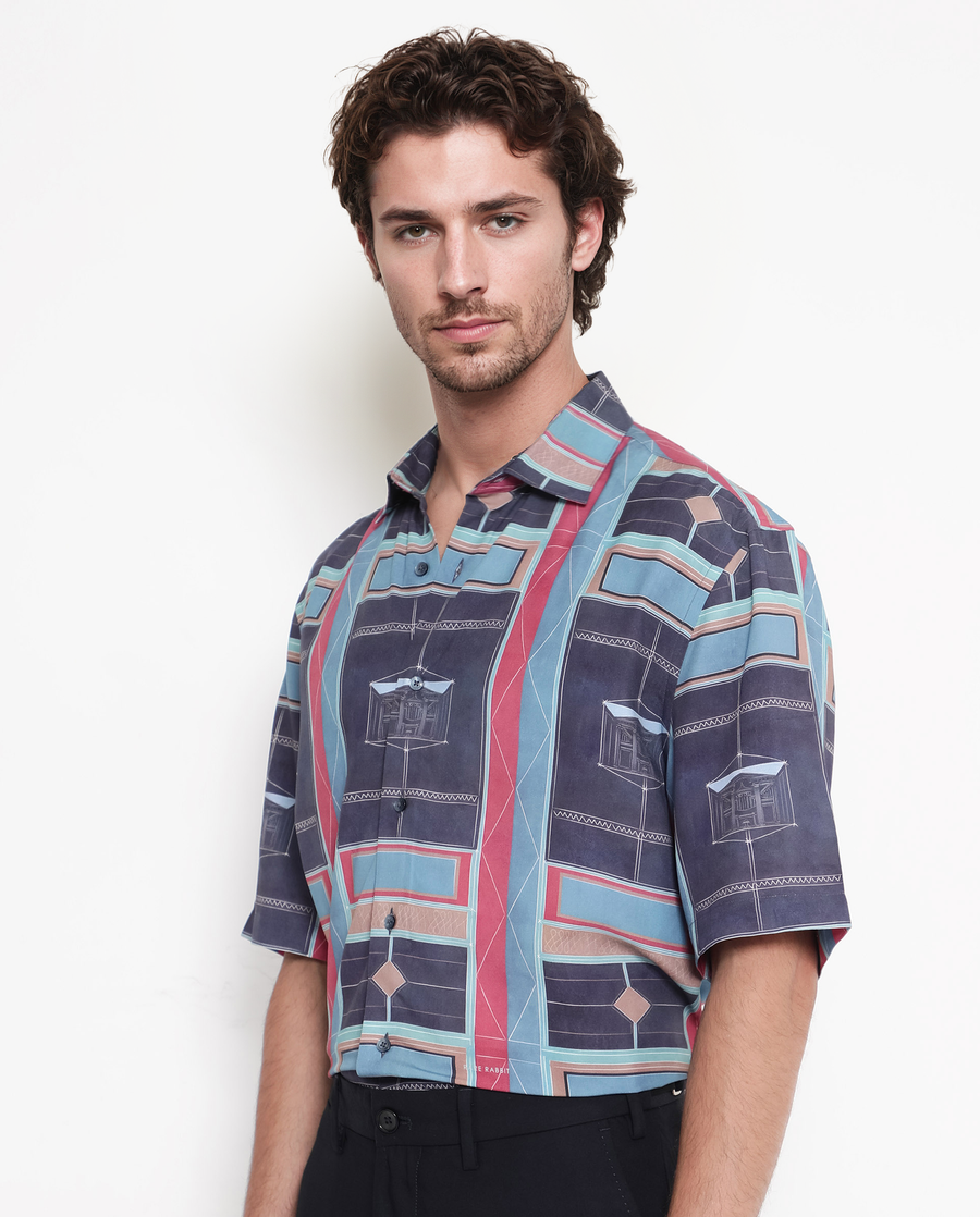 Rare Rabbit Men's Pristom Dark Blue Viscose Geometric Print Boxy Fit Half Sleeve Collared Shirt