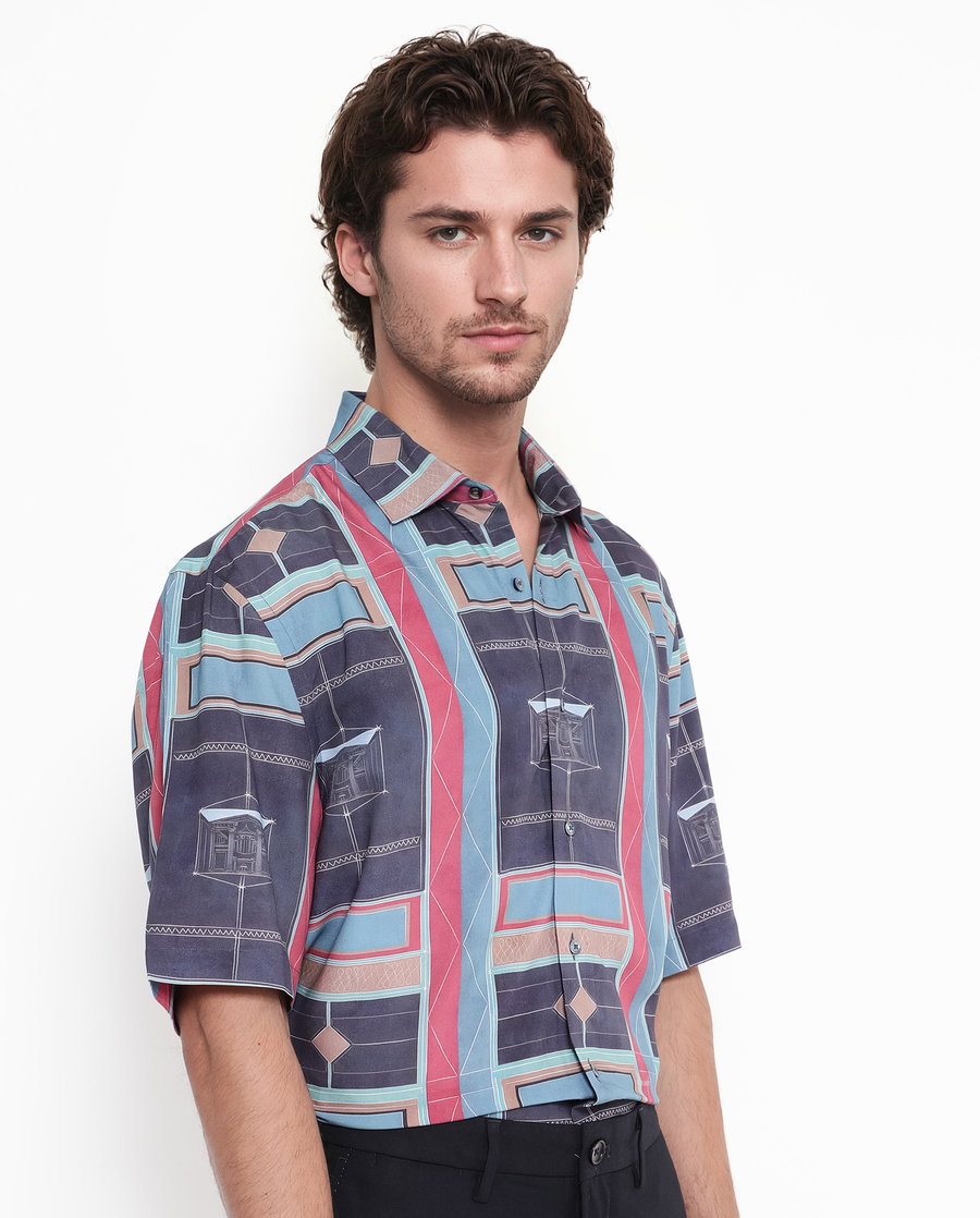 Rare Rabbit Men's Pristom Dark Blue Viscose Geometric Print Boxy Fit Half Sleeve Collared Shirt