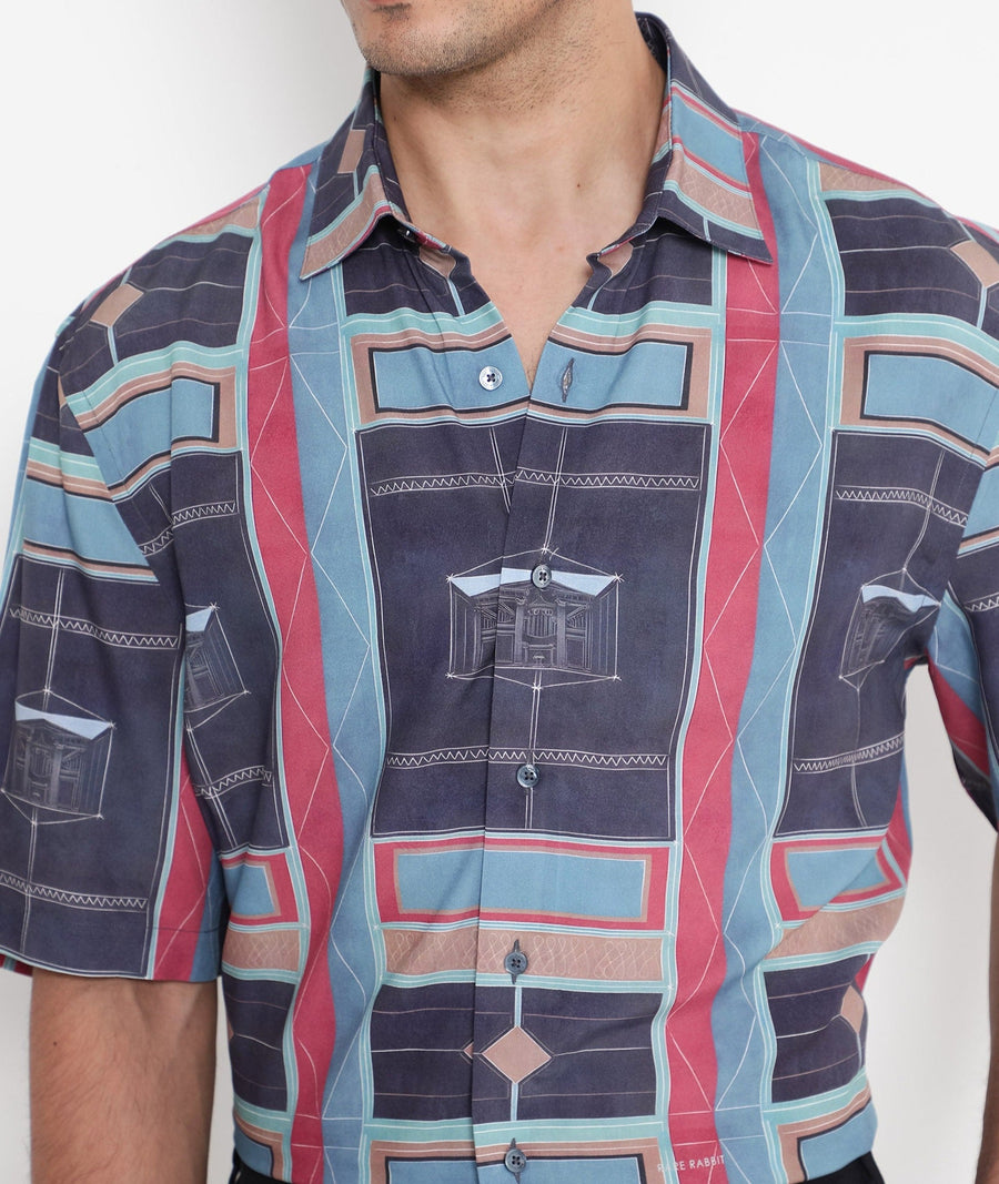 Rare Rabbit Men's Pristom Dark Blue Viscose Geometric Print Boxy Fit Half Sleeve Collared Shirt