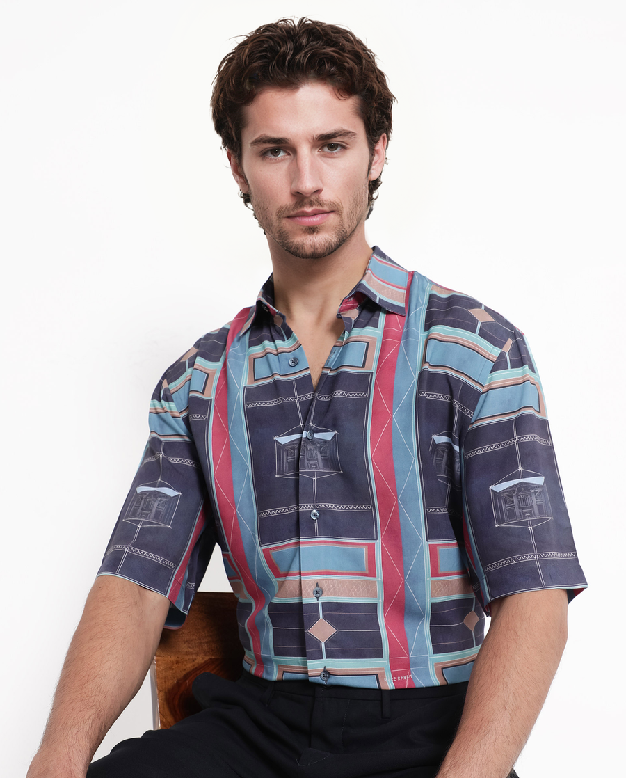 Rare Rabbit Men's Pristom Dark Blue Viscose Geometric Print Boxy Fit Half Sleeve Collared Shirt