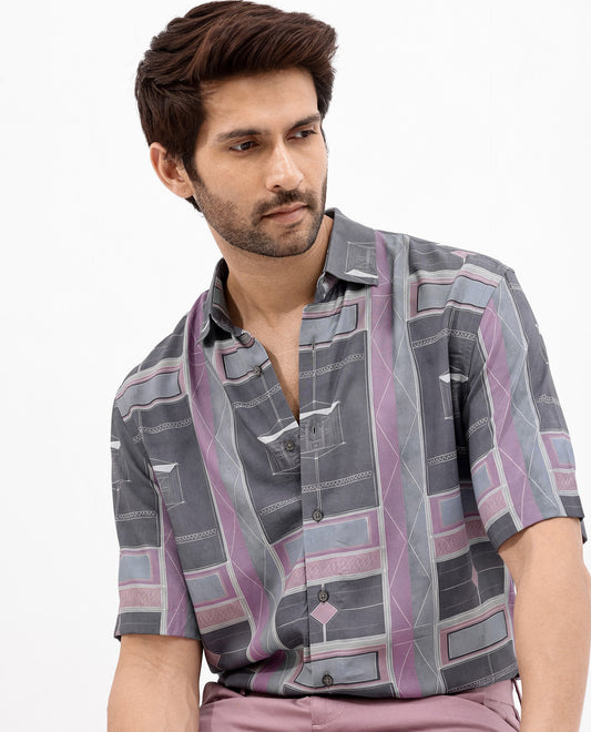 Rare Rabbit Men's Pristom Grey Viscose Geometric Print Boxy Fit Half Sleeve Collared Shirt