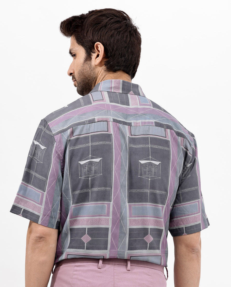 Rare Rabbit Men's Pristom Grey Viscose Geometric Print Boxy Fit Half Sleeve Collared Shirt