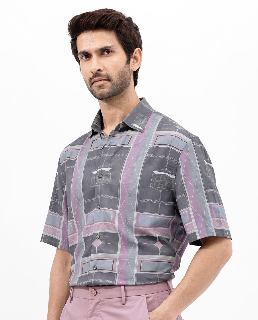 Rare Rabbit Men's Pristom Grey Viscose Geometric Print Boxy Fit Half Sleeve Collared Shirt