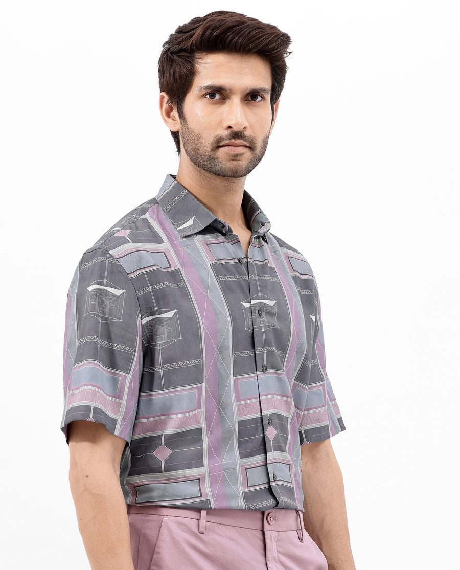 Rare Rabbit Men's Pristom Grey Viscose Geometric Print Boxy Fit Half Sleeve Collared Shirt