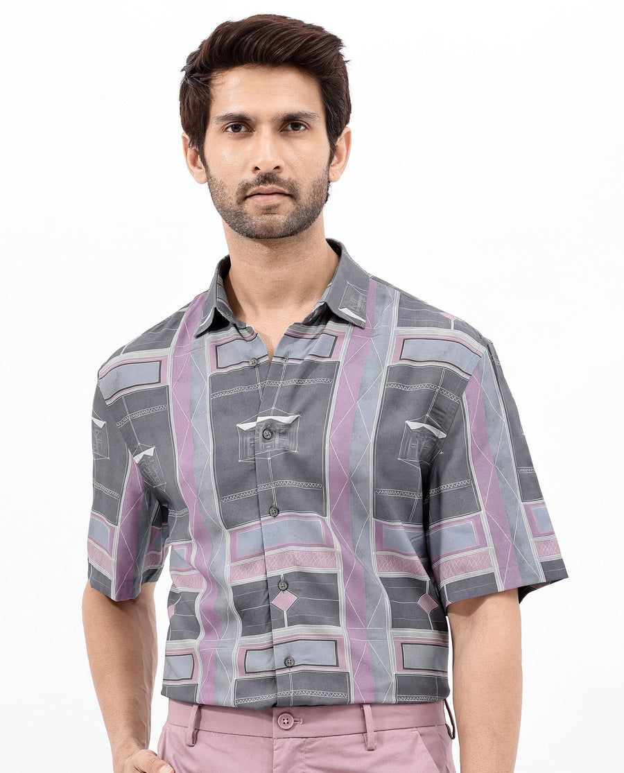 Rare Rabbit Men's Pristom Grey Viscose Geometric Print Boxy Fit Half Sleeve Collared Shirt