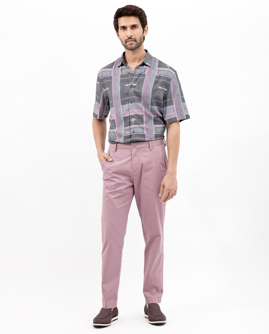 Rare Rabbit Men's Pristom Grey Viscose Geometric Print Boxy Fit Half Sleeve Collared Shirt